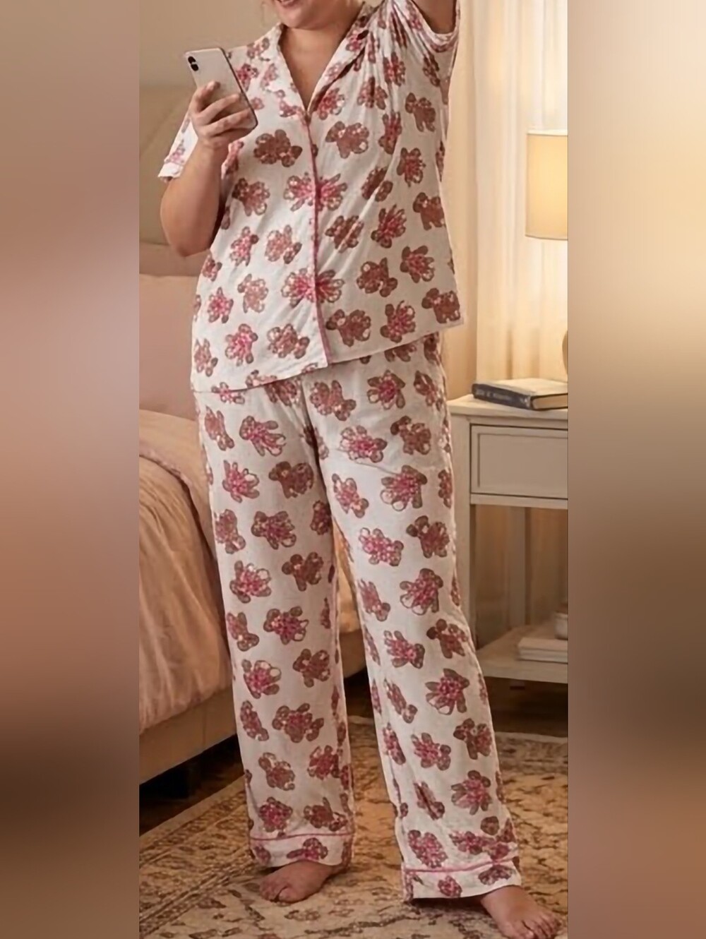 Sleep & Co Plus Size Women's Cream Teddy Bear/Bow Button-Front Pajama Set 1X